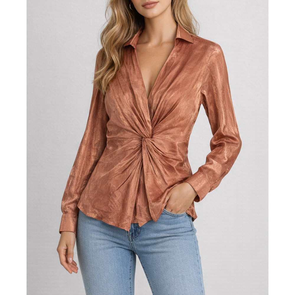 AEOM Bronze Twist Metallic Blouse Womens M Pink Satin Fairycore Y2K Date Night